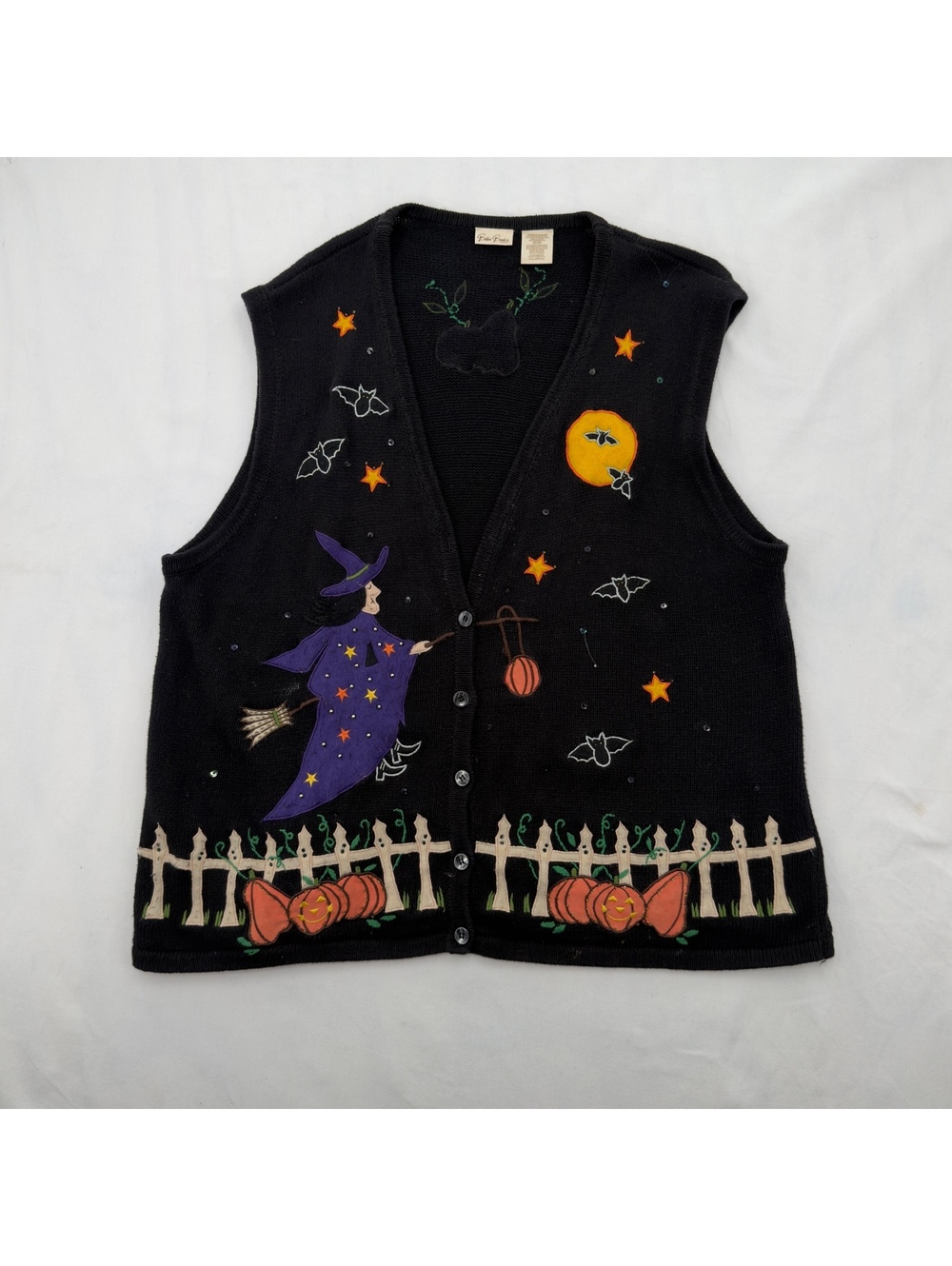 1990s 90s Vintage Bobbie Brooks Halloween Sweater Vest Witch Pumpkin Knit